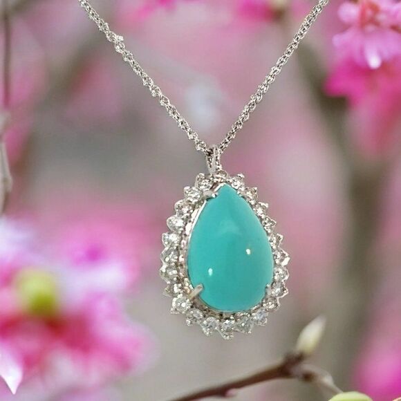 Persian Turquoise Diamond Pendant With Chain 17" 14k WG 9.9 TCW Certified 307918 - Picture 15 of 17